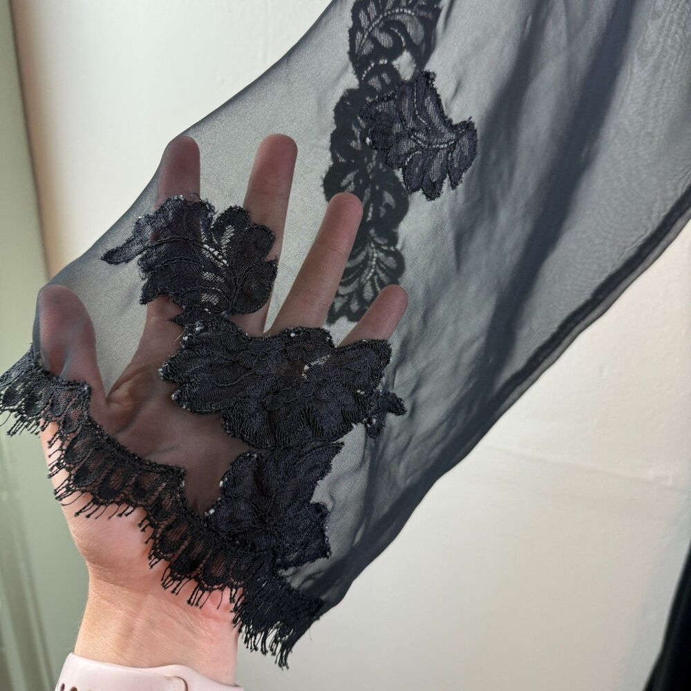 Natori Black Satin & Lace Long Robe - Picture 4 of 15